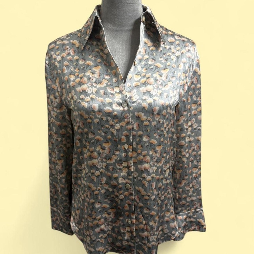 Vince 100% Silk Button Down Blouse Ditsy Floral Sage Grey Peach Size XXS